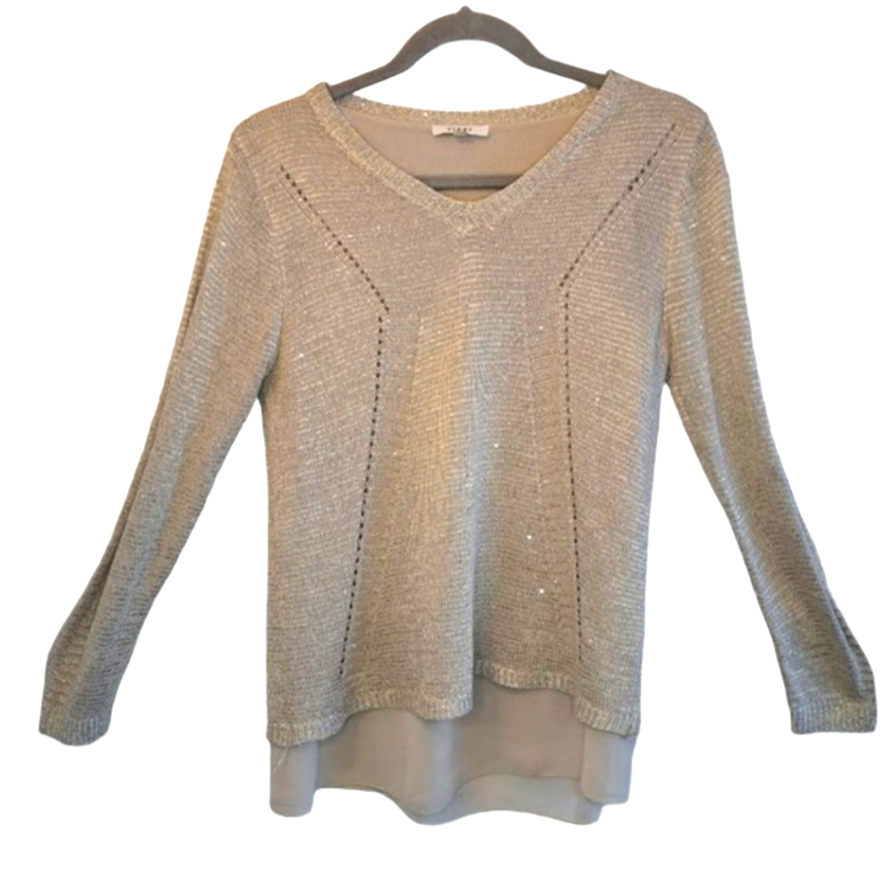 Sioni Layered Look Sparkly Silver Pullover Sweater Size Small